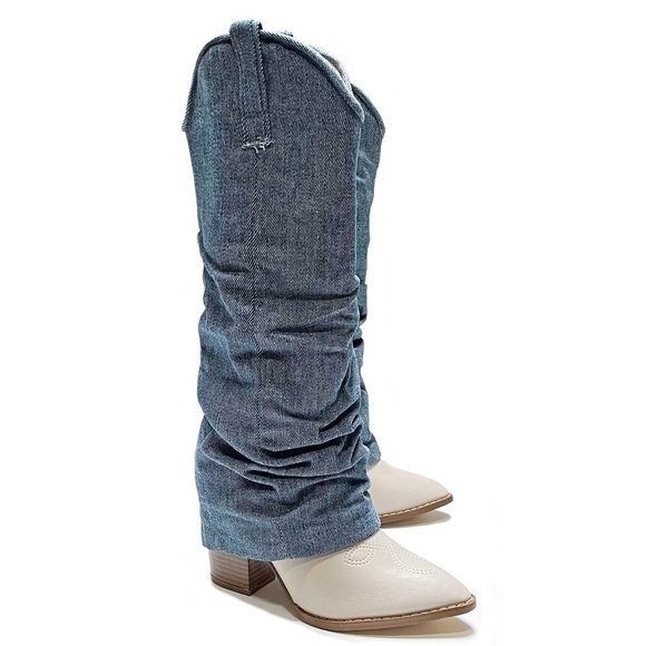 New Blue Denim Cowboy Fold Over Knee High Tall Boots - Picture 2 of 5